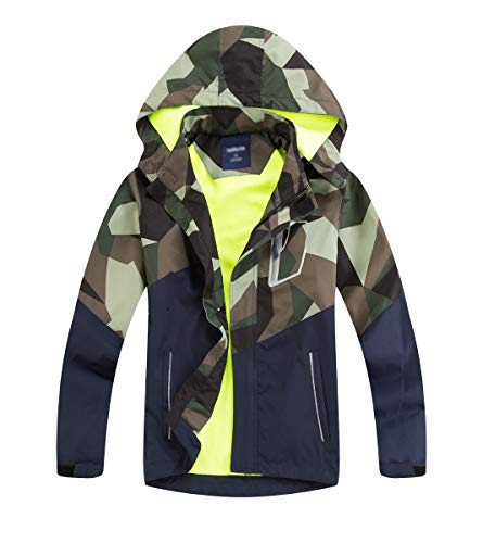 LAUSONS Kinder Gefütterte Regenjacke Jungen Camouflage Wasserdicht Jacke Leichte Übergangsjacke mit Abziehbar Kapuze Armeegrün DE: 146-152 (Herstellergröße 150) von LAUSONS