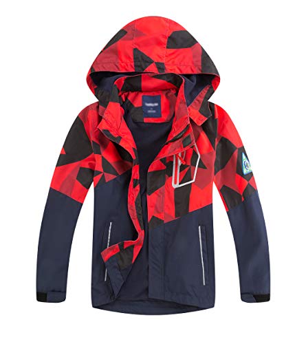 LAUSONS Kinder Gefütterte Regenjacke Jungen Camouflage Wasserdicht Jacke Leichte Übergangsjacke mit Abziehbar Kapuze Rot Camo DE: 146-152 (Herstellergröße 150) von LAUSONS