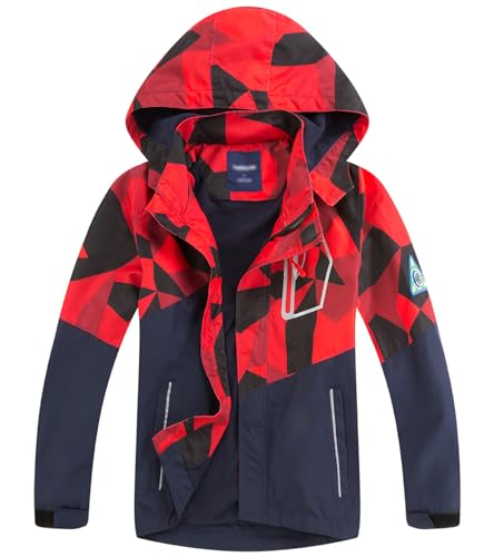LAUSONS Kinder Gefütterte Regenjacke Jungen Camouflage Wasserdicht Jacke Leichte Übergangsjacke mit Abziehbar Kapuze Rot Camo DE: 128-134 (Herstellergröße 130) von LAUSONS