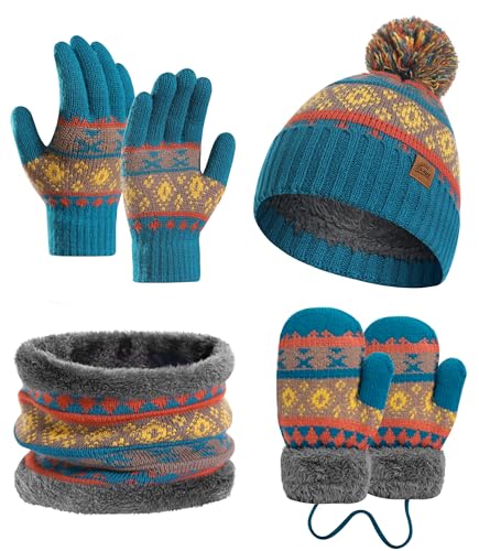 LAUSONS Kinder Mütze Handschuhe Schal Set 4 in 1, Mädchen Jungen Warme Beanie Strickmütze Bommelmütze Fäustlinge und Schlauchschal mit Fleecefutter für 3–8 Jahre Blau von LAUSONS