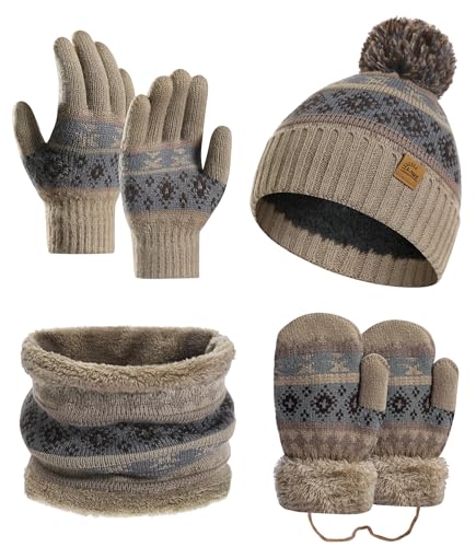 LAUSONS Kinder Mütze Handschuhe Schal Set 4 in 1, Mädchen Jungen Warme Beanie Strickmütze Bommelmütze Fäustlinge und Schlauchschal mit Fleecefutter für 3–8 Jahre Kamel von LAUSONS