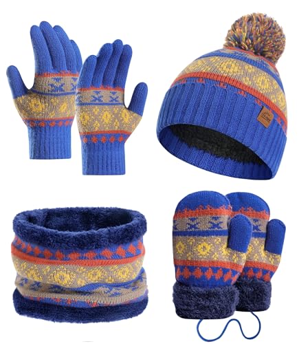 LAUSONS Kinder Mütze Handschuhe Schal Set 4 in 1, Mädchen Jungen Warme Beanie Strickmütze Bommelmütze Fäustlinge und Schlauchschal mit Fleecefutter für 3–8 Jahre Saphir von LAUSONS