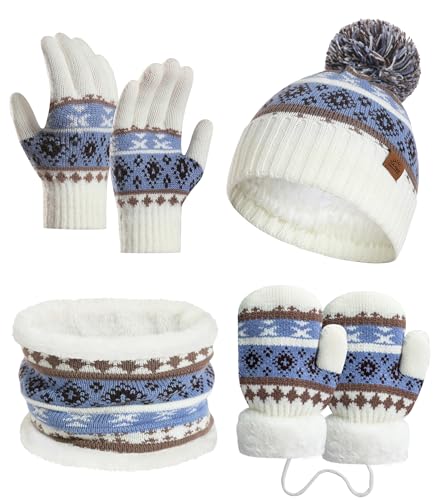 LAUSONS Kinder Mütze Handschuhe Schal Set 4 in 1, Mädchen Jungen Warme Beanie Strickmütze Bommelmütze Fäustlinge und Schlauchschal mit Fleecefutter für 3–8 Jahre Weiß von LAUSONS