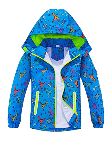 LAUSONS Kinder Regenjacke Kleinkind Übergangsjacke Dinosauriern Wasserdicht Outdoorjacke Winddicht mit Kapuzen Blau DE:104-110 (Herstellergröße 110) von LAUSONS