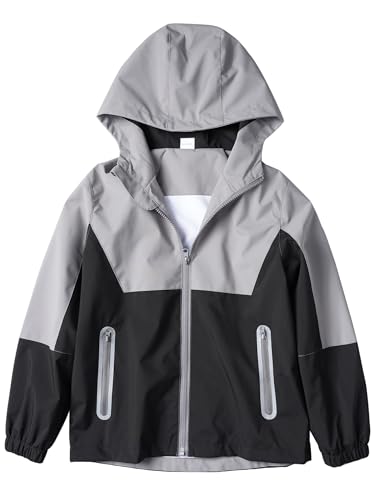 LAUSONS Kinder Regenjacke Wasserdicht Jungen Softshelljacke Outdoorjacke Leichte Windjacke Regenmantel mit Kapuze Grau 122-128/Größe 120 von LAUSONS