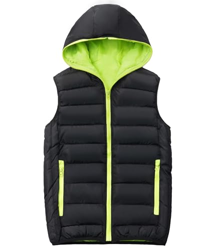 LAUSONS Kinder Warme Weste Jungen Steppweste Ärmellose Winterjacke Puffer Weste mit Kapuze Schwarz Grün 164-170 von LAUSONS