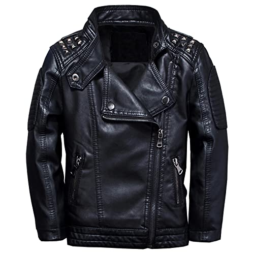 LAUSONS Kinderkragen Motorrad Lederimitat Mantel Jungen Kunstleder Jacke Bikerjacke mit Nieten Schwarz DE 116-128(Herstellergröße 120) von LAUSONS