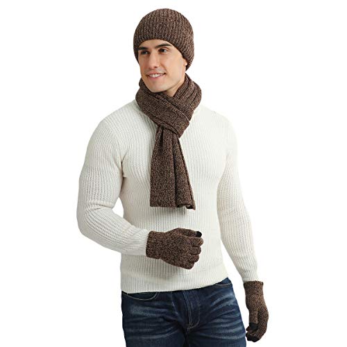 LAUSONS Mütze Schal und Handschuhe Herren mit Fleecefutter Wintermütze Warme Beanie Strickschal und Touchscreen Handschuhe Set Khaki von LAUSONS