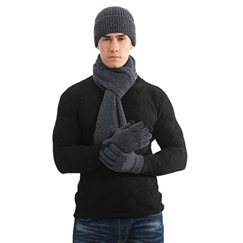 LAUSONS Mütze Schal und Handschuhe Herren mit Fleecefutter Wintermütze Warme Beanie Strickschal und Touchscreen Handschuhe Set Marine von LAUSONS