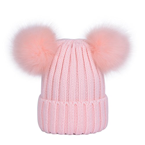 LAUSONS Warme Wintermütze für Damen Beanie Mützen Gerippte Strickmütze mit doppeltem Kunstfellbommel Pink von LAUSONS