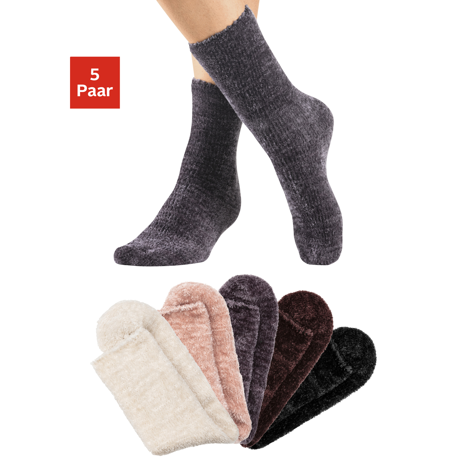 LAVANA Kuschelsocken Damen 1x ecru, 1x rose, 1x taupe, 1x braun, 1x schwarz Gr.39-42 von LAVANA