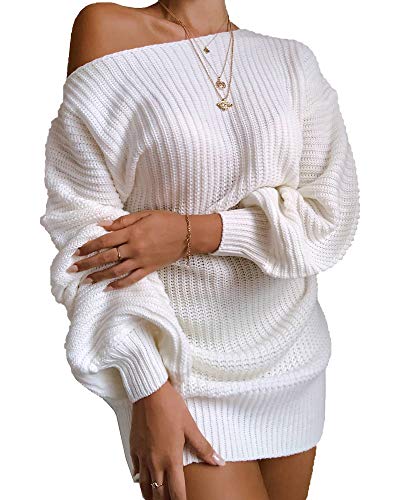 LAVANACE Damen Casual Oversized Off Shoulder Sweater Kleider Lang Chunky Pullover Pullover - Wei� - Groß von LAVANACE