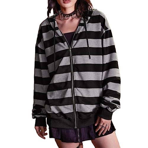 LAVASEON Damen Oversized Zip Up Hoodie Y2K Striped Lightweight Hooded Sweatshirt Gothic Streetwear Pullover, GRAU, XL von LAVASEON