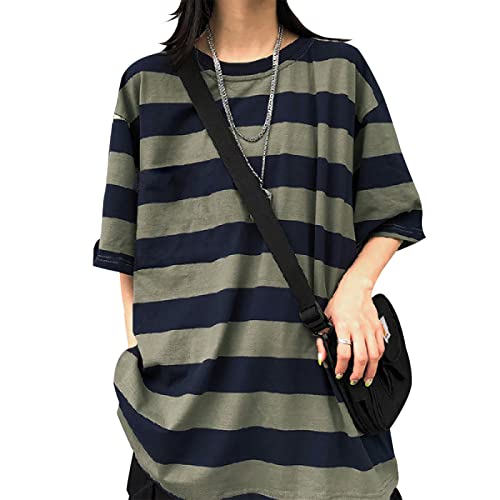 LAVASEON Harajuku Oversize Gestreiftes T-Shirt Langarm Rundhals Casual Passende Paar Streetwear Pullover, Grün 1, Groß von LAVASEON