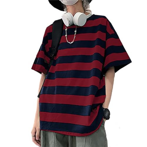 LAVASEON Harajuku Oversized Gestreiftes T-Shirt Langarm Rundhals Casual Matching Couple Streetwear Pullover, S-rot, Mittel von LAVASEON