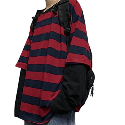 LAVASEON Harajuku Oversized Streifen T-Shirt Langarm Rundhals Casual Matching Paar Streetwear Pullover, Rot/Ausflug, einfarbig (Getaway Solids), Mittel von LAVASEON