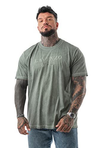 LAVENZO - Kurzarm-T-Shirt für Herren, 100% Baumwolle - Freizeitkleidung für Jungen, signiertes T-Shirt, T-Shirt in Übergröße, Militär, Large von LAVENZO