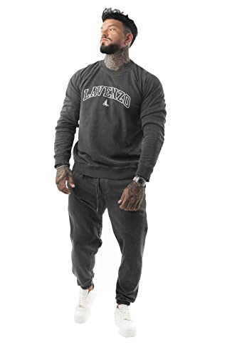 LAVENZO - Overall für Herren, elegant, 100 % Baumwolle, Tracksuit Sweatshirt und Hose, Freizeitkleidung in Übergröße, Sportanzüge, Jungen, Geburtstagsgeschenkidee, Schwarz Rundhalsausschnitt, L von LAVENZO