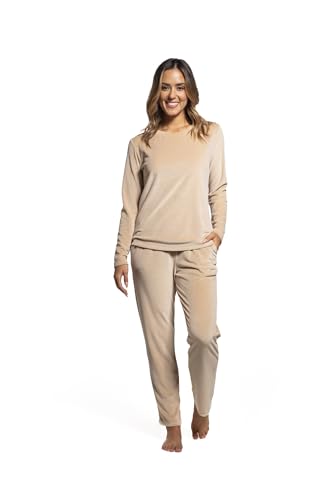 LAVENZO Roberto Garino Damen-Pyjama aus Fleece, warm, langärmelig, elegant, hergestellt in Italien, zweiteiliger Schlafanzug – Geschenkidee für Mädchen, Hellbeige Lv5006+505, XL von LAVENZO