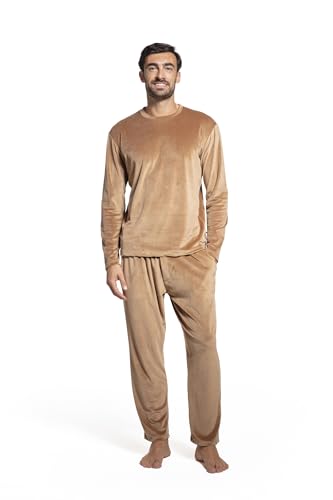 LAVENZO Roberto Garino Herren-Schlafanzug aus Fleece, warm, langärmelig, elegant, hergestellt in Italien, zweiteiliger Schlafanzug – Geschenkidee für Jungen, Beige Lv501+502, 52 von LAVENZO
