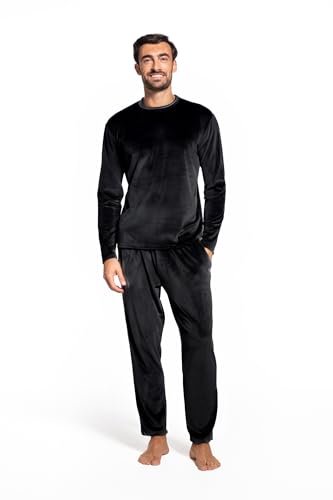 LAVENZO Roberto Garino Herren-Schlafanzug aus Fleece, warm, langärmelig, elegant, hergestellt in Italien, zweiteiliger Schlafanzug – Geschenkidee für Jungen, Schwarz Lv501+502, XS von LAVENZO