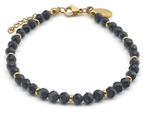 LAVISA Granat Edelstein Armband - 4mm Perlen - Echte Naturstein Perlen | Kristallperlen, Heilsteine | Onesize mit Verlängerung (Schwarzer Obsidian) von LAVISA