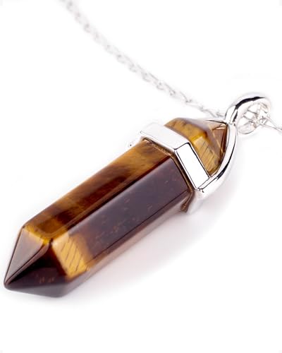 LAVISA Obelisk Edelsteinkette, Anhänger, echte Kristall kette, Halskette, Rosenquarz, Amethyst, Naturstein - 55 + 5 cm (Tigerauge) von LAVISA