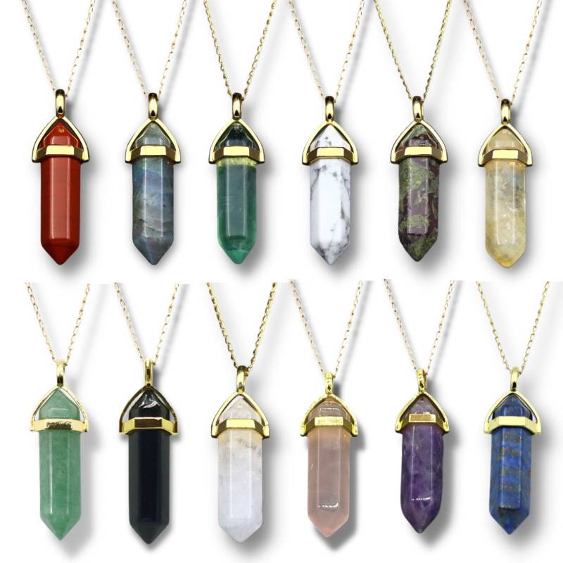 Lavisa Edelsteinkette Obelisk Gold, 55cm Halskette Mit Edelstein Amethyst, Rosenquarz, Lapis Lazuli, Bergkristall von LAVISADE