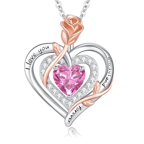 LAVUMO Halskette Damen Silber 925 Doppel Herz Rose Blume Kette Damen Geburtsstein Halsketten Muttertag Geburtstag Valentinstag Weihnachten Schmuck Geschenke Frauen Mama (Silber-Gravur-10-Oktober) von LAVUMO