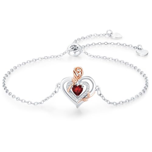 LAVUMO Armband Damen Silber 925 Doppelherz Rose Blume Armbänder für Frauen Geburtsstein Schmuck Geburtstags Muttertags Geschenke für Frauen Freundin Verstellbar Armkette von LAVUMO