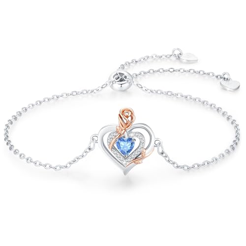 LAVUMO Armband Damen Silber 925 Doppelherz Rose Blume Armbänder für Frauen Geburtsstein Schmuck Geburtstags Muttertags Geschenke für Frauen Freundin Verstellbar Armkette (12) von LAVUMO