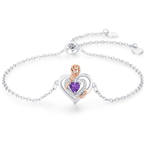 LAVUMO Armband Damen Silber 925 Doppelherz Rose Blume Armbänder für Frauen Geburtsstein Schmuck Geburtstags Muttertags Geschenke für Frauen Freundin Verstellbar Armkette (2) von LAVUMO