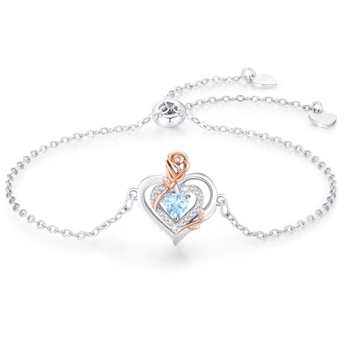 LAVUMO Armband Damen Silber 925 Doppelherz Rose Blume Armbänder für Frauen Geburtsstein Schmuck Geburtstags Muttertags Geschenke für Frauen Freundin Verstellbar Armkette von LAVUMO