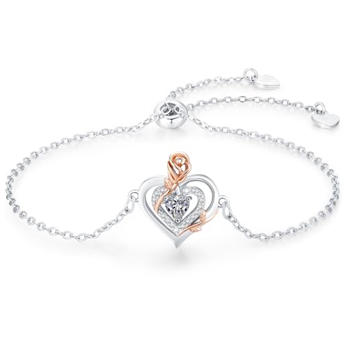 LAVUMO Armband Damen Silber 925 Doppelherz Rose Blume Armbänder für Frauen Geburtsstein Schmuck Geburtstags Muttertags Geschenke für Frauen Freundin Verstellbar Armkette (4) von LAVUMO