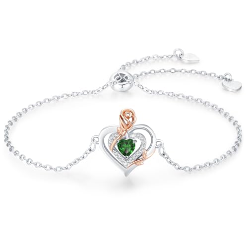LAVUMO Armband Damen Silber 925 Doppelherz Rose Blume Armbänder für Frauen Geburtsstein Schmuck Geburtstags Muttertags Geschenke für Frauen Freundin Verstellbar Armkette von LAVUMO