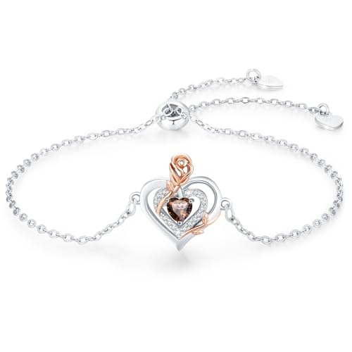 LAVUMO Armband Damen Silber 925 Doppelherz Rose Blume Armbänder für Frauen Geburtsstein Schmuck Geburtstags Muttertags Geschenke für Frauen Freundin Verstellbar Armkette von LAVUMO