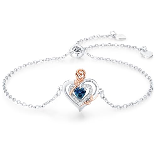 LAVUMO Armband Damen Silber 925 Doppelherz Rose Blume Armbänder für Frauen Geburtsstein Schmuck Geburtstags Muttertags Geschenke für Frauen Freundin Verstellbar Armkette von LAVUMO