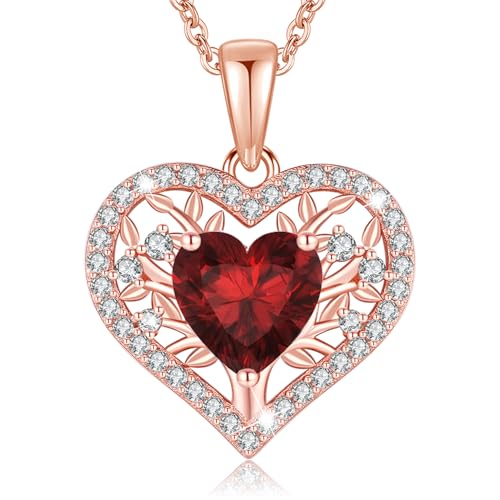 LAVUMO Lebensbaum Herz Kette Damen 925 Sterling Silber Geburtsstein Anhänger Halsketten Geburtstagsgeschenk für Frauen Freundin Mama Valentinstag Muttertags Weihnachten (Roségold-01-Januar) von LAVUMO