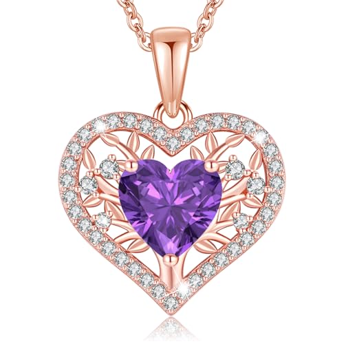 LAVUMO Lebensbaum Herz Kette Damen 925 Sterling Silber Geburtsstein Anhänger Halsketten Geburtstagsgeschenk für Frauen Freundin Mama Valentinstag Muttertags Weihnachten (Roségold-02-Februar) von LAVUMO