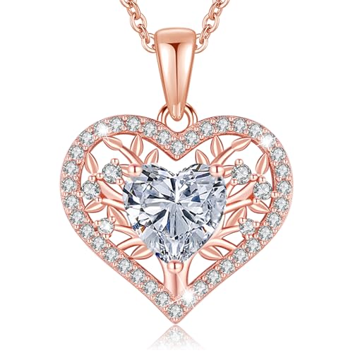 LAVUMO Lebensbaum Herz Kette Damen 925 Sterling Silber Geburtsstein Anhänger Halsketten Geburtstagsgeschenk für Frauen Freundin Mama Valentinstag Muttertags Weihnachten (Roségold-04-April) von LAVUMO
