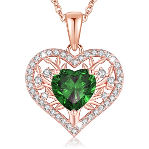 LAVUMO Lebensbaum Herz Kette Damen 925 Sterling Silber Geburtsstein Anhänger Halsketten Geburtstagsgeschenk für Frauen Freundin Mama Valentinstag Muttertags Weihnachten (Roségold-05-Mai) von LAVUMO