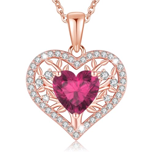 LAVUMO Lebensbaum Herz Kette Damen 925 Sterling Silber Geburtsstein Anhänger Halsketten Geburtstagsgeschenk für Frauen Freundin Mama Valentinstag Muttertags Weihnachten (Roségold-07-Juli) von LAVUMO