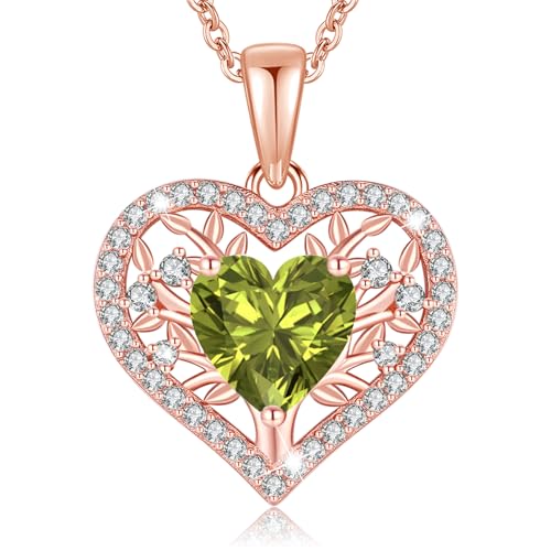 LAVUMO Lebensbaum Herz Kette Damen 925 Sterling Silber Geburtsstein Anhänger Halsketten Geburtstagsgeschenk für Frauen Freundin Mama Valentinstag Muttertags Weihnachten (Roségold-08-August) von LAVUMO