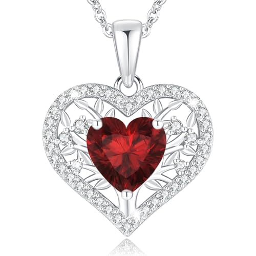 LAVUMO Lebensbaum Herz Kette Damen 925 Sterling Silber Geburtsstein Anhänger Halsketten Geburtstagsgeschenk für Frauen Freundin Mama Valentinstag Muttertags Weihnachten (Silber-01-Januar) von LAVUMO