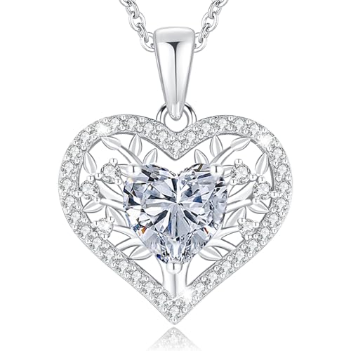 LAVUMO Lebensbaum Herz Kette Damen 925 Sterling Silber Geburtsstein Anhänger Halsketten Geburtstagsgeschenk für Frauen Freundin Mama Valentinstag Muttertags Weihnachten (Silber-04-April) von LAVUMO