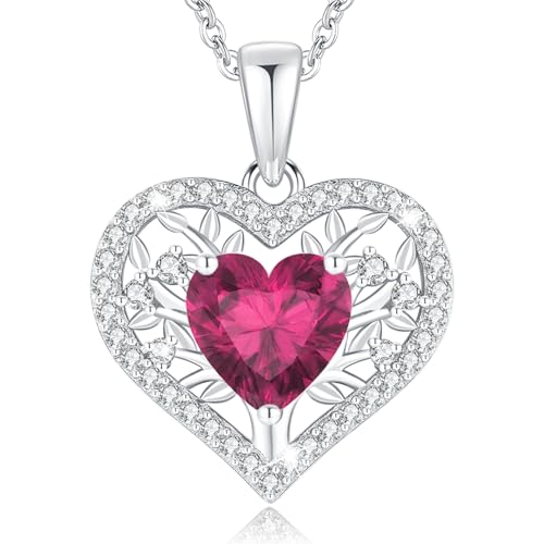 LAVUMO Lebensbaum Herz Kette Damen 925 Sterling Silber Geburtsstein Anhänger Halsketten Geburtstagsgeschenk für Frauen Freundin Mama Valentinstag Muttertags Weihnachten (Silber-07-Juli) von LAVUMO