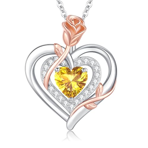 LAVUMO Halskette Damen Silber 925 Doppel Herz Rose Blume Kette Damen Geburtsstein Halsketten Muttertag Geburtstag Valentinstag Weihnachten Schmuck Geschenke Frauen Mama von LAVUMO