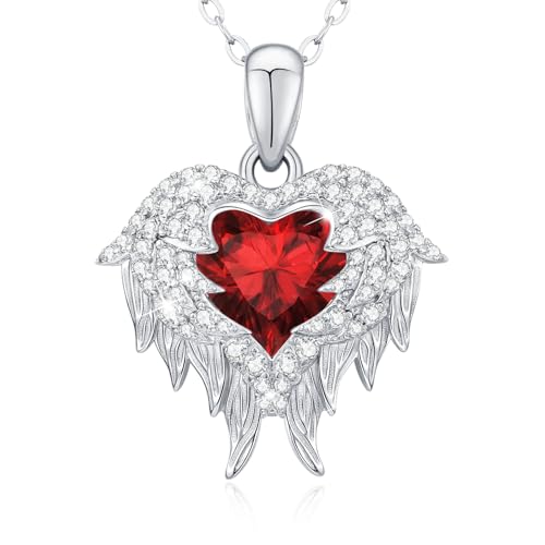 LAVUMO Engelsflügel Halskette Damen Herzkette Silber 925 Damen Schmuck Geburtsstein Herz Anhänger Geschenk für Freundin Sie Frauen Geburtstags Weihnachten Valentinstag Muttertags von LAVUMO