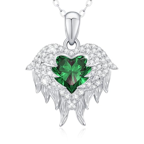 LAVUMO Engelsflügel Halskette Damen Herzkette Silber 925 Damen Schmuck Geburtsstein Herz Anhänger Geschenk für Freundin Sie Frauen Geburtstags Weihnachten Valentinstag Muttertags von LAVUMO