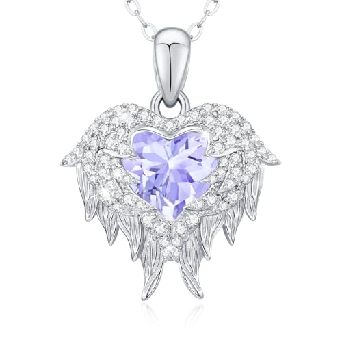 LAVUMO Engelsflügel Halskette Damen Herzkette Silber 925 Damen Schmuck Geburtsstein Herz Anhänger Geschenk für Freundin Sie Frauen Geburtstags Weihnachten Valentinstag Muttertags von LAVUMO